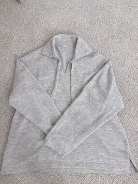 Light Gray Knit Pullover with Collared V-Neck